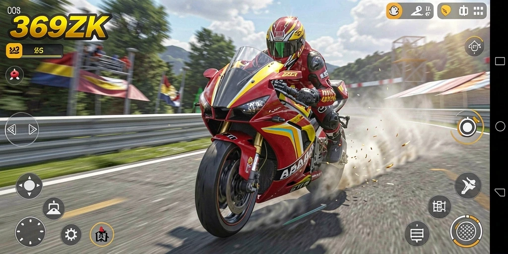 Screenshot gameplay 369ZK yang menampilkan balapan motor yang seru.