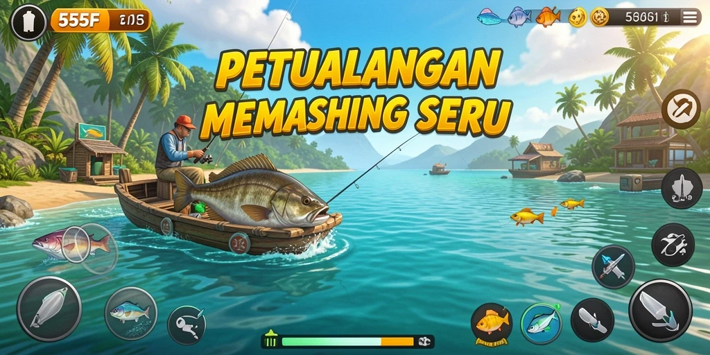 Screenshot utama 555F menampilkan aksi memancing yang seru dan menakjubkan.