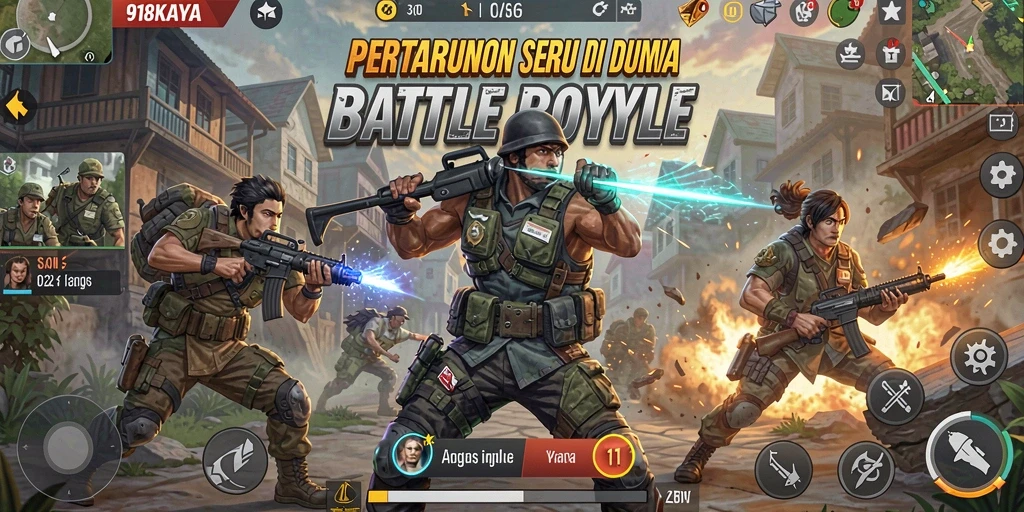 Tangkapan layar game 918KAYA menampilkan aksi pertempuran Battle Royale yang mendebarkan.