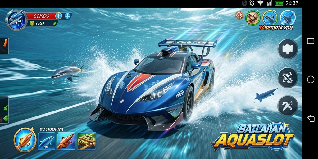 Screenshot gameplay AQUASLOT menampilkan balapan seru di dunia laut.