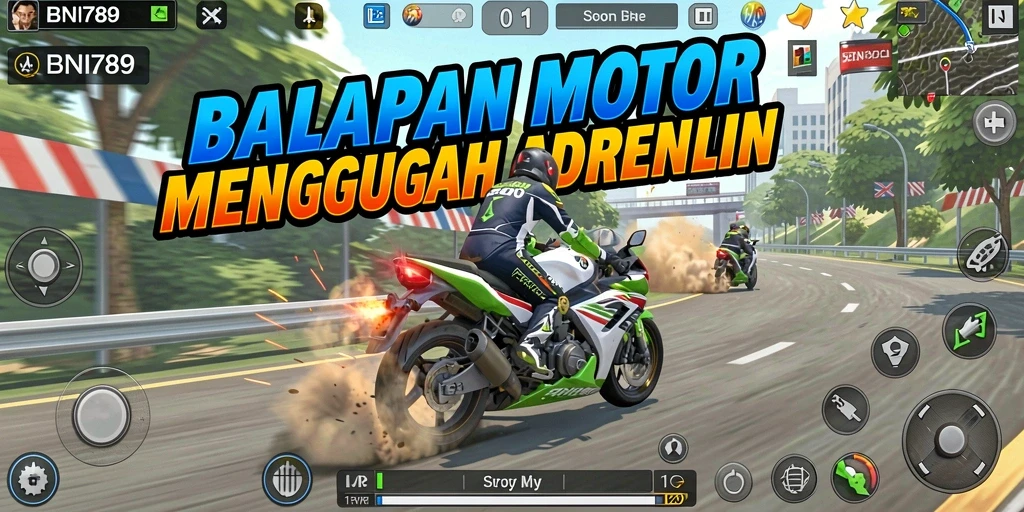 Screenshot BNI789 menampilkan aksi balapan motor yang intens dan menarik.
