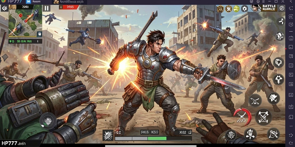 Tangkapan layar gameplay <strong>HP777</strong> menampilkan aksi intens di medan pertempuran.