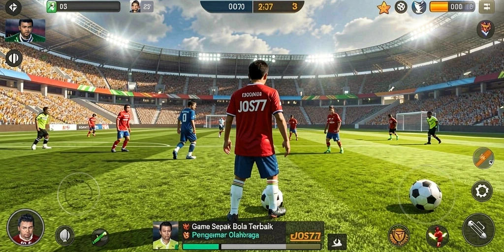Tangkapan layar gameplay JOS77 menampilkan aksi seru di lapangan sepak bola.