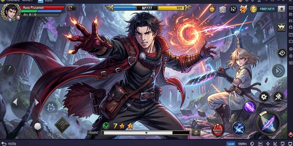 Tangkapan layar gameplay RP777 yang menunjukkan karakter anime beraksi.