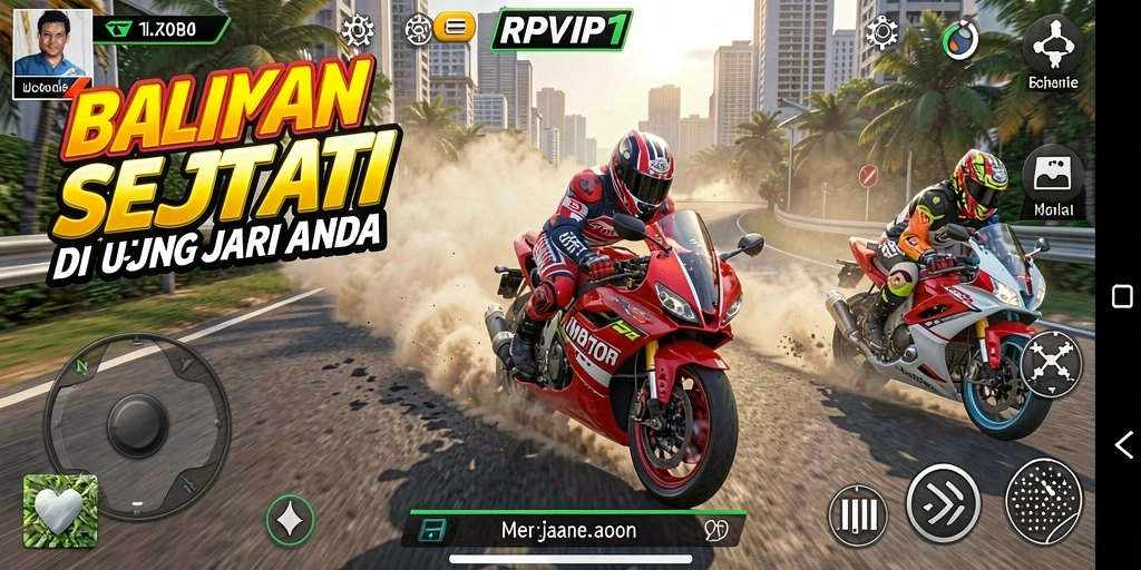 Tangkapan layar menunjukkan aksi balapan seru di RPVIP1.