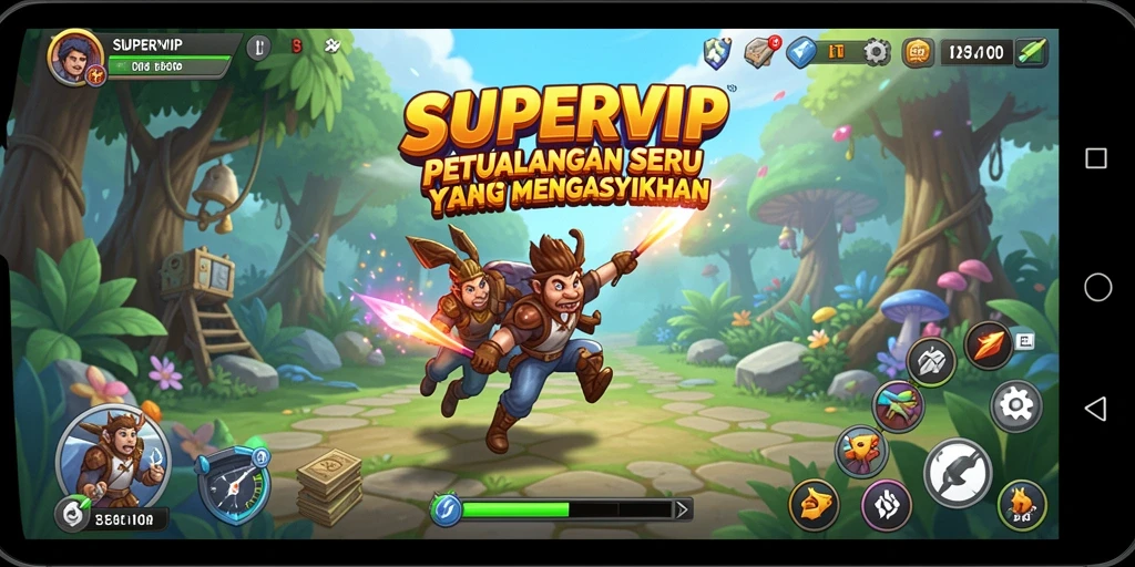 Tangkapan layar gameplay SUPERVIP yang menunjukkan aksi seru di dunia petualangan.
